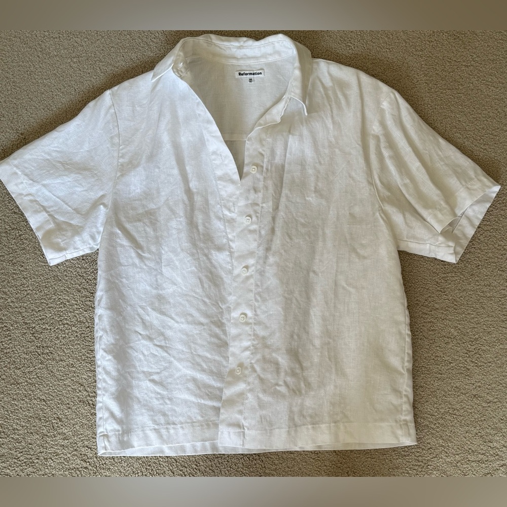 Reformation Linen Short Sleeve Button Down Shirt XS White Oversized Crop